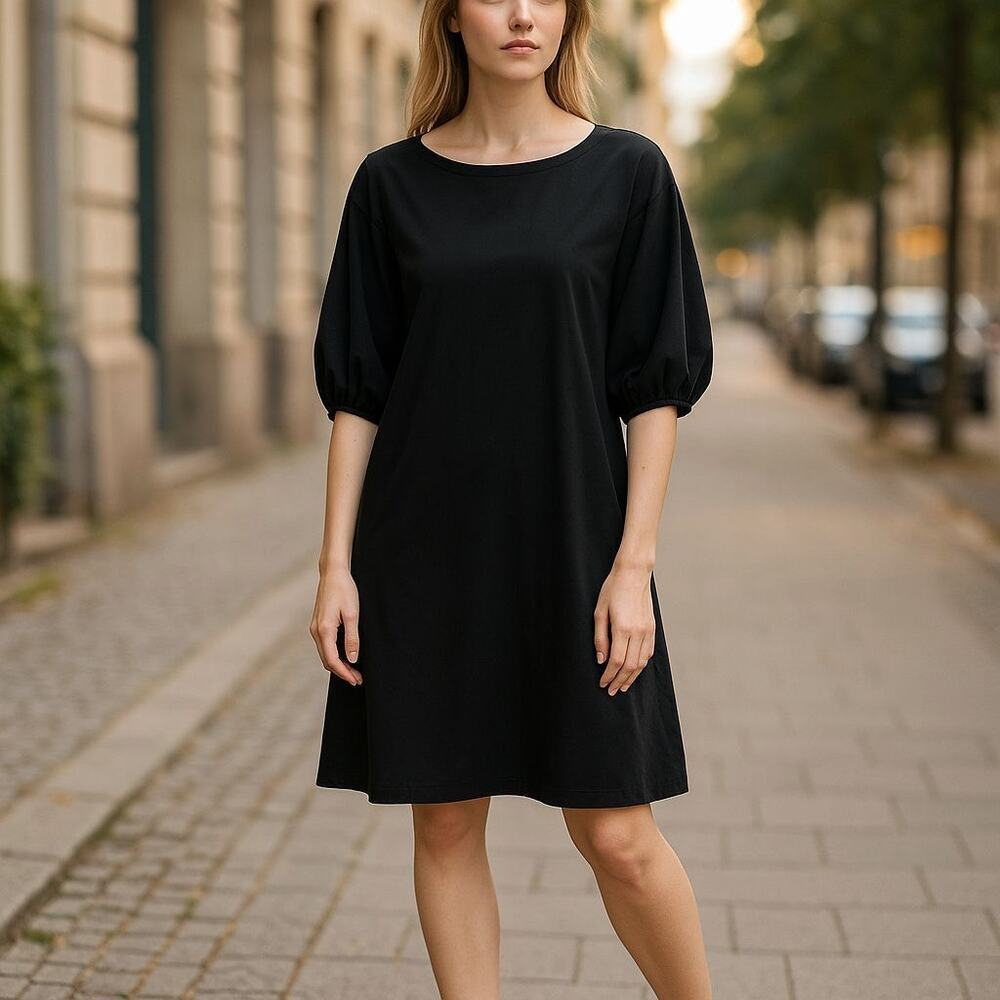 CHICO'S sz 0 Black Crisp Cotton 3/4 Balloon Sleeve Shift Dress Sz small 4/6